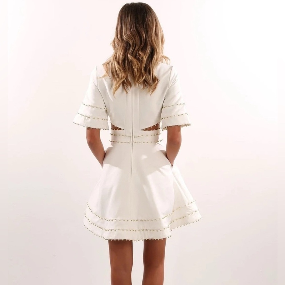 Avantlook Women's S Ivory Dress Gold Beaded Trim Cut Out Sides NWT - Picture 3 of 8